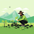 worker with black hair and beard with hat collecting kratom leaves in kratom field with mountains in bacground, monochrome GREEN bacground color, flat design vector art, modern minimalist, simple,