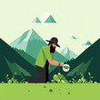 worker with black hair and beard with hat collecting kratom leaves in kratom field with mountains in bacground, monochrome GREEN bacground color, flat design vector art, modern minimalist, simple,