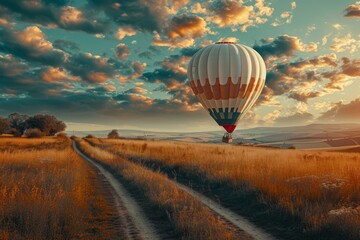 Sticker - Serene Air balloon fly landscape. High hill. Generate Ai