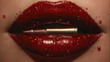 A woman's lip is painted red and has a bullet sticking out of it