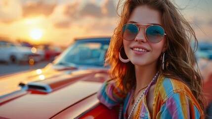 Wall Mural - Woman Wearing Sunglasses and Hat in Car