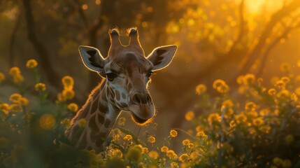 Wall Mural - A majestic giraffe stands among vibrant yellow flowers basking in the warm glow of a setting sun, highlighting the harmony of nature