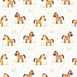 Cute watercolor ponies grazing in a meadow, seamless vector pattern