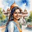 Indian girl near the temple watercolor