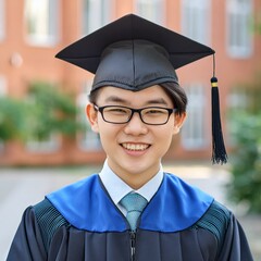 Wall Mural - Asian Female Graduate - Celebrating Graduation from College or University - Wearing Graduation Attire - Graduation Hat and Robes - Succesfull Young Adult or Teenager Smiling and Happy