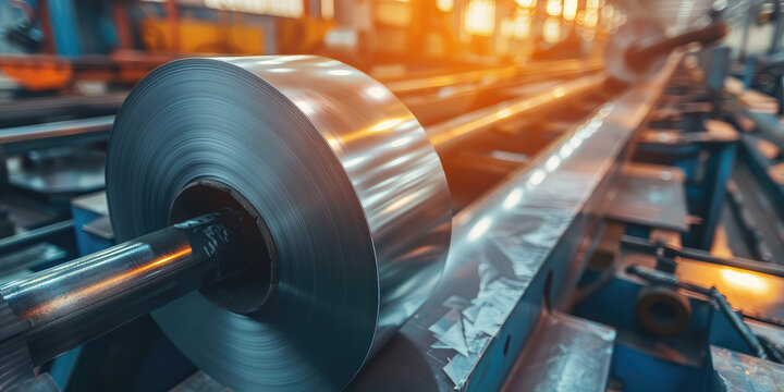 close-up roll of stainless steel, background with copy space. roll of thin metal sheets in a factory