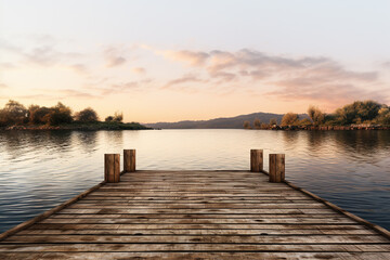 Wall Mural - A rustic wooden dock extending into the shimmering waters at dusk, isolated on solid white background.
