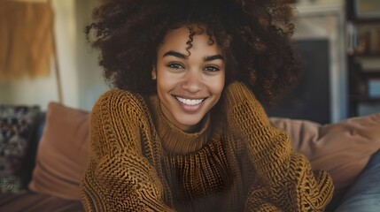 Poster - Joyful Woman Relaxing at Home in a Cozy Sweater. Casual, Comfortable Lifestyle. Portrait of Happiness and Warmth. Perfect for Lifestyle Blogs and Magazines. AI