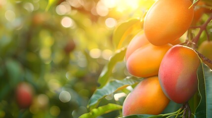 Canvas Print - Sun-kissed mangoes hanging on tree branch. Fresh tropical fruit in natural setting. Ripe mangoes ready for harvest. Sustainable agriculture and summer bounty concept. AI