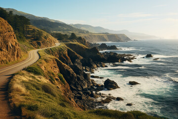 Wall Mural - A scenic coastal road winding through rugged cliffs overlooking the ocean, isolated on solid white background.