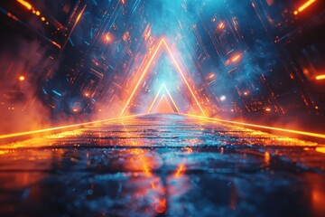Poster - An abstract image featuring a neon-lit triangle tunnel with a futuristic vibe and dynamic motion effects