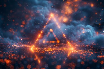 Fototapete - A glowing neon triangle amidst a sparkling field of particles and bokeh effects, suggesting energy and mystery