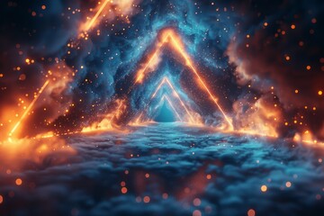 Poster - A visually captivating image depicting a glowing triangle portal radiating with fiery particles and surrounded by a cosmic starry space