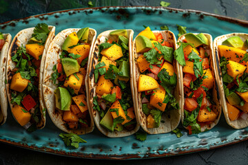 Wall Mural - Colorful mango salsa tacos served on a vibrant ceramic plate, ideal for culinary and cultural themes.