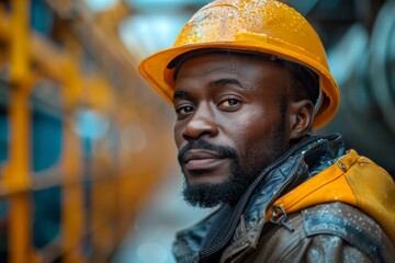 A focused construction worker wearing a hard hat and rain jacket stands outside with raindrops visible