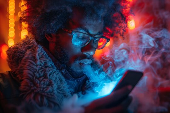 A man with a fiery afro hairstyle and fur jacket uses his smartphone amidst vibrant lighting