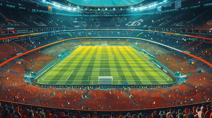 Wall Mural - A fully packed, immersive soccer stadium with a lush, green pitch ready for an action-packed match