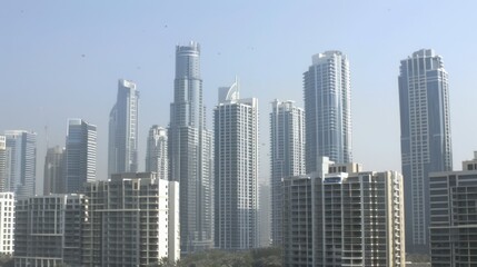  A slightly hazy image displaying a cluster of impressive skyscrapers and urban development in city's skyline
