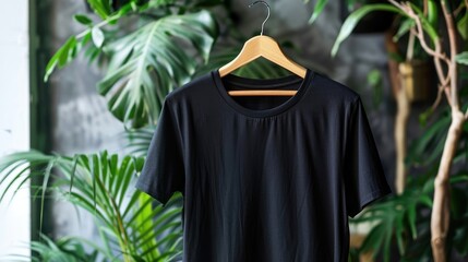 Wall Mural - Black T-shirt on wooden hanger with tropical plants.