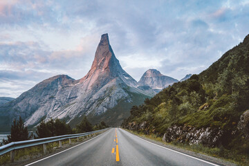 Wall Mural - Stetind national mountain and empty asphalt road in Norway sunset rocky peak landscape, summer season travel beautiful destinations scandinavian northern nature scenery