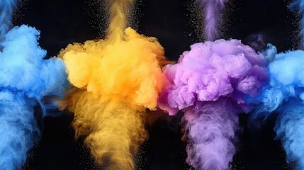 Leinwandbilder -   A black canvas with colored smoke particles drifting upwards, spewing white and yellow wisps