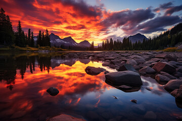 Wall Mural - A serene lake nestled among mountains, with the vibrant colors of the sunset reflected in its calm waters