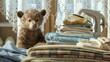   A brown bear perches on a mound of clothing adjacent to an arrangement of creased garments on a table