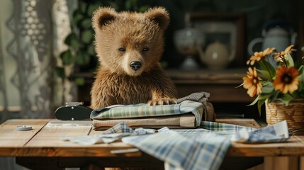 Poster -   A  bear sits on a wooden table beside a vase with sunflowers