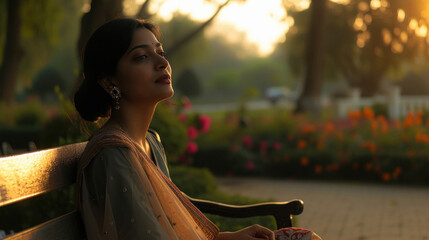 Wall Mural - Young indian woman seating on the bench at park