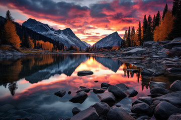 Wall Mural - A serene lake surrounded by mountains, with the vibrant colors of the sunset reflected in its calm waters