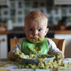 a baby is eating mashed peas in a high contrast kitchen setting, wearing a bright green bib with a m