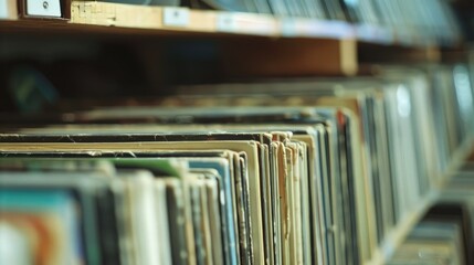 Sticker - close-up of vinyl records by the edge, stored in shelves