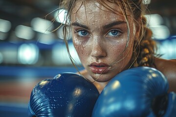 Wall Mural - Young determined female boxer wearing blue gloves, the sweat on her skin indicating intense training