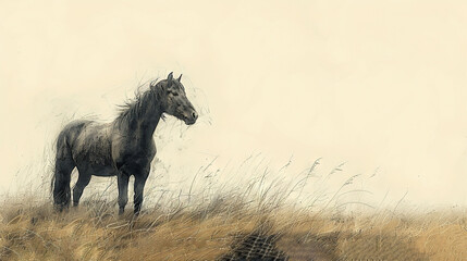 Canvas Print -   A horse stands majestically in tall grass before a foggy sky, with long blades blowing softly