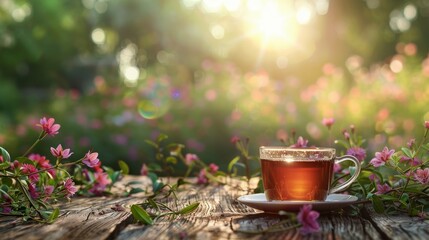 Wall Mural - A Cup of Tea Surrounded by Daisies and Leaves