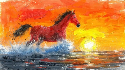 Wall Mural -   A horse gallops across a water body beneath vibrant orange-yellow skies and the radiant sun overhead