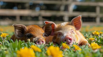 Two Little Pigs Resting on Hay