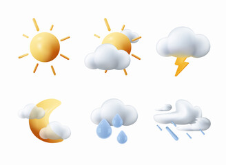 different weather icons 3d. vector dark clouds with snow, rain, lightning and sun. thunderstorm clou