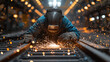 Man wearing safety helmet while welding in the factory