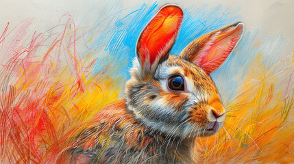 Poster -   Rabbit in Grass Field under Orange-Blue Sky