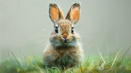 Wall Mural -   A painting depicts a brown rabbit sitting in a grassy field and gazing curiously at the camera