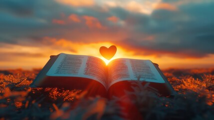 Bible the Word of God with an heart at sunset the Creation of God