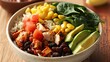 Indulge in a delightful homemade Mexican chicken burrito bowl brimming with flavorful rice beans corn juicy tomato creamy avocado and fresh spinach a scrumptious taco salad lunch bowl await