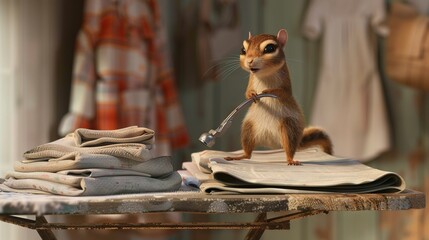 Wall Mural -   A small rodent perches atop a table beside a stack of folded clothing on a clothes rack