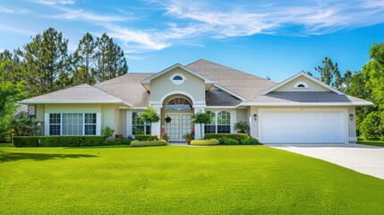 Light and welcoming single-family house with a Florida style design, showcasing a spacious lawn and vibrant plant life, represents comfortable living