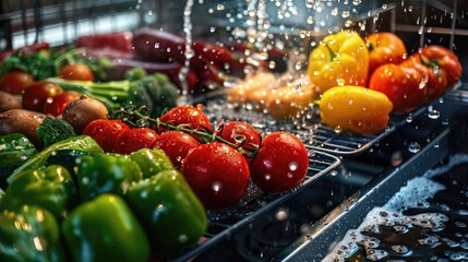 Wall Mural - Fresh ripe vegetables and fruits from the organic farm are washed with running water in the dishwasher. Creative Banner. Copyspace image