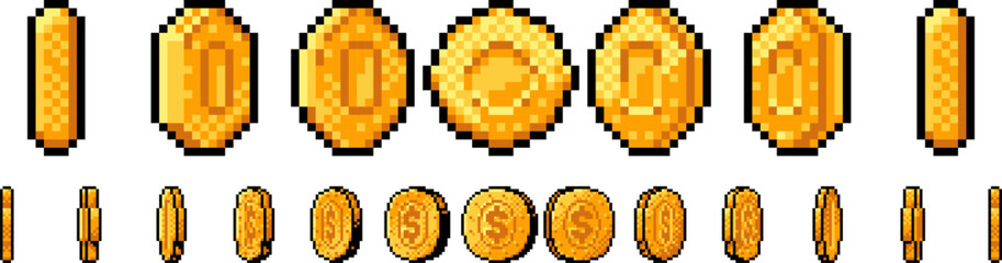 animated pixel gold coin for 8-bit retro video game. golden dollar cent 360 spinning animation loop 