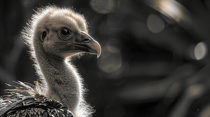 Poster -   An ostrich's head, captured close-up in monochrome, with a slightly blurred background