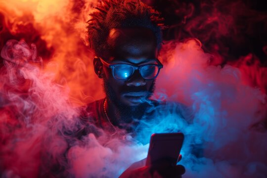 In a solitary moment, a person interacts with their cellphone, enveloped by a dramatic blue and red smoky ambiance