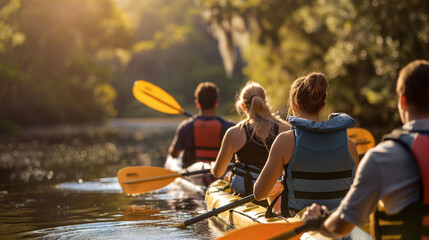 Wall Mural - employees organizing a team-building retreat focused on outdoor adventure activities, such as kayaki